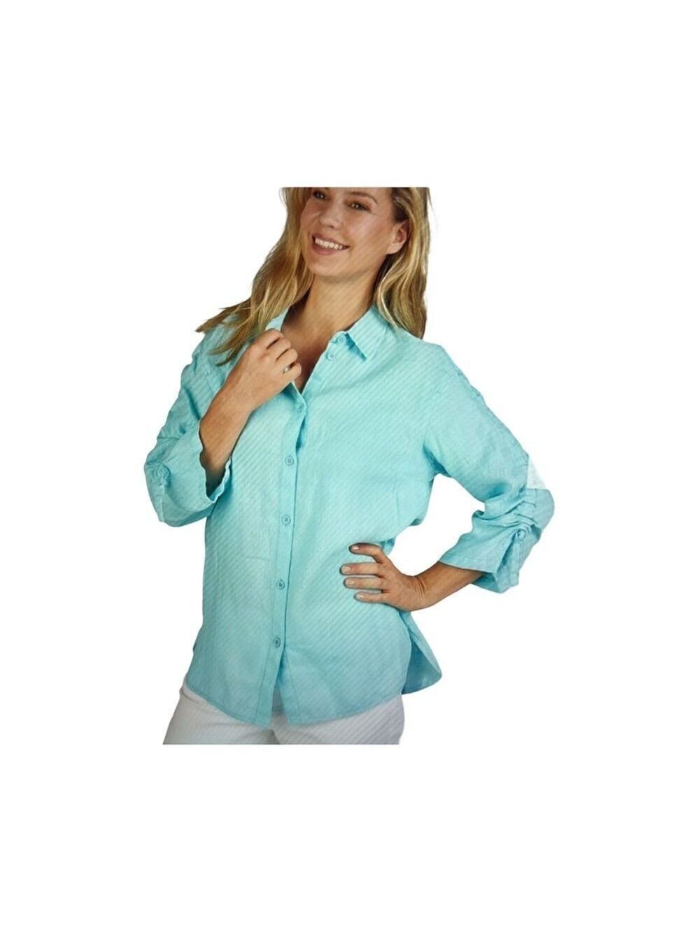 RABE BLOUSE WITH RUCHED SLEEVE. BLUE